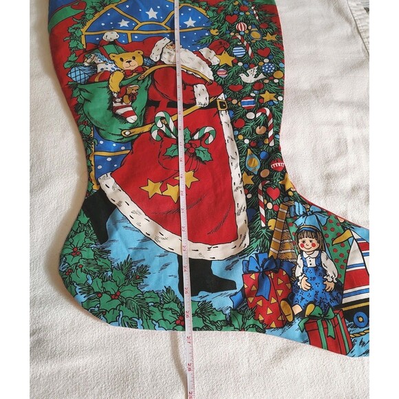 Vtg Pair Handmade Large Christmas Stockings Santa Teddy Bear & Toy Print  Retro - Picture 4 of 8